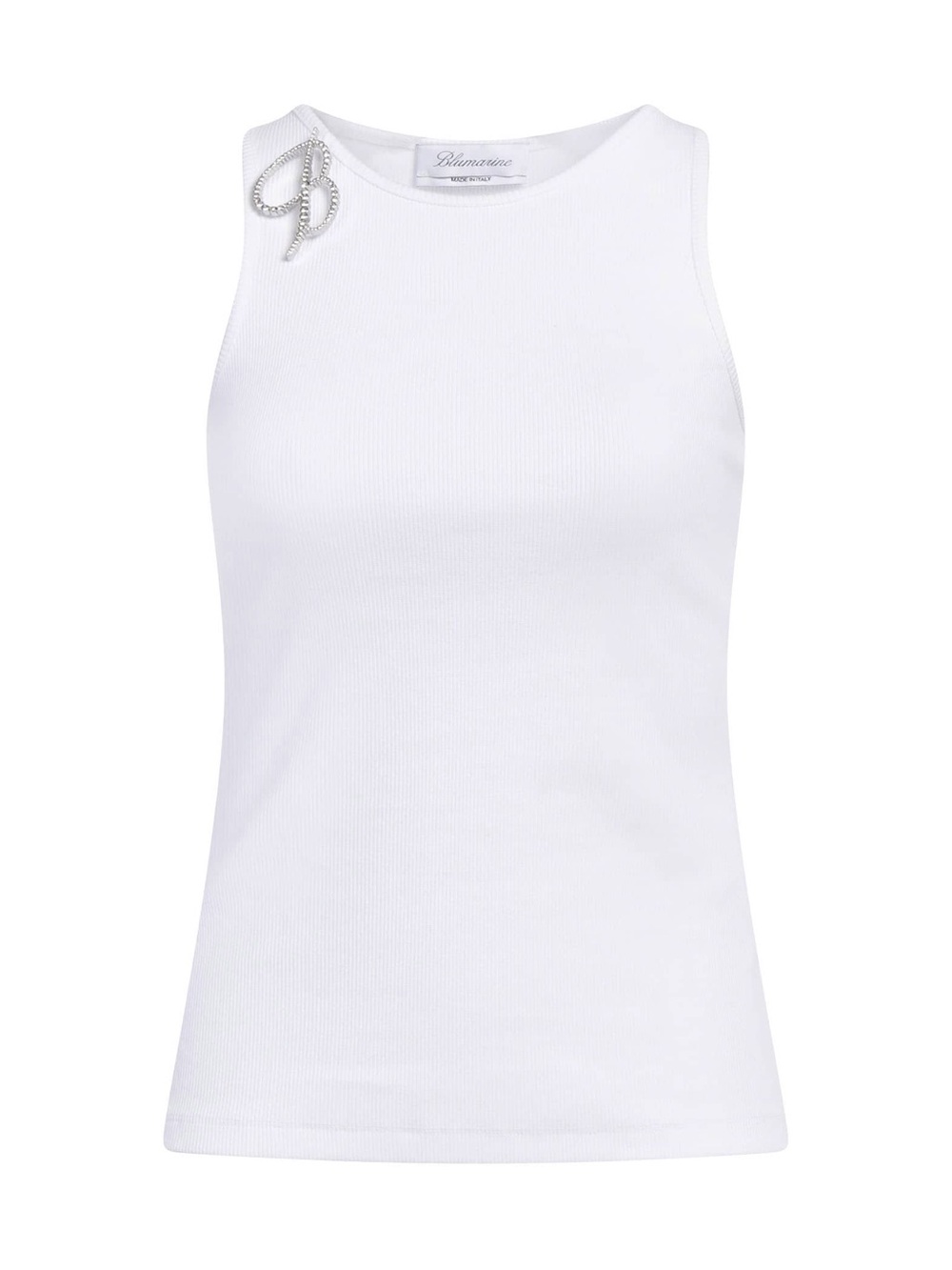 Blumarine White Ribbed Tank with Pearl-Embellished Pin